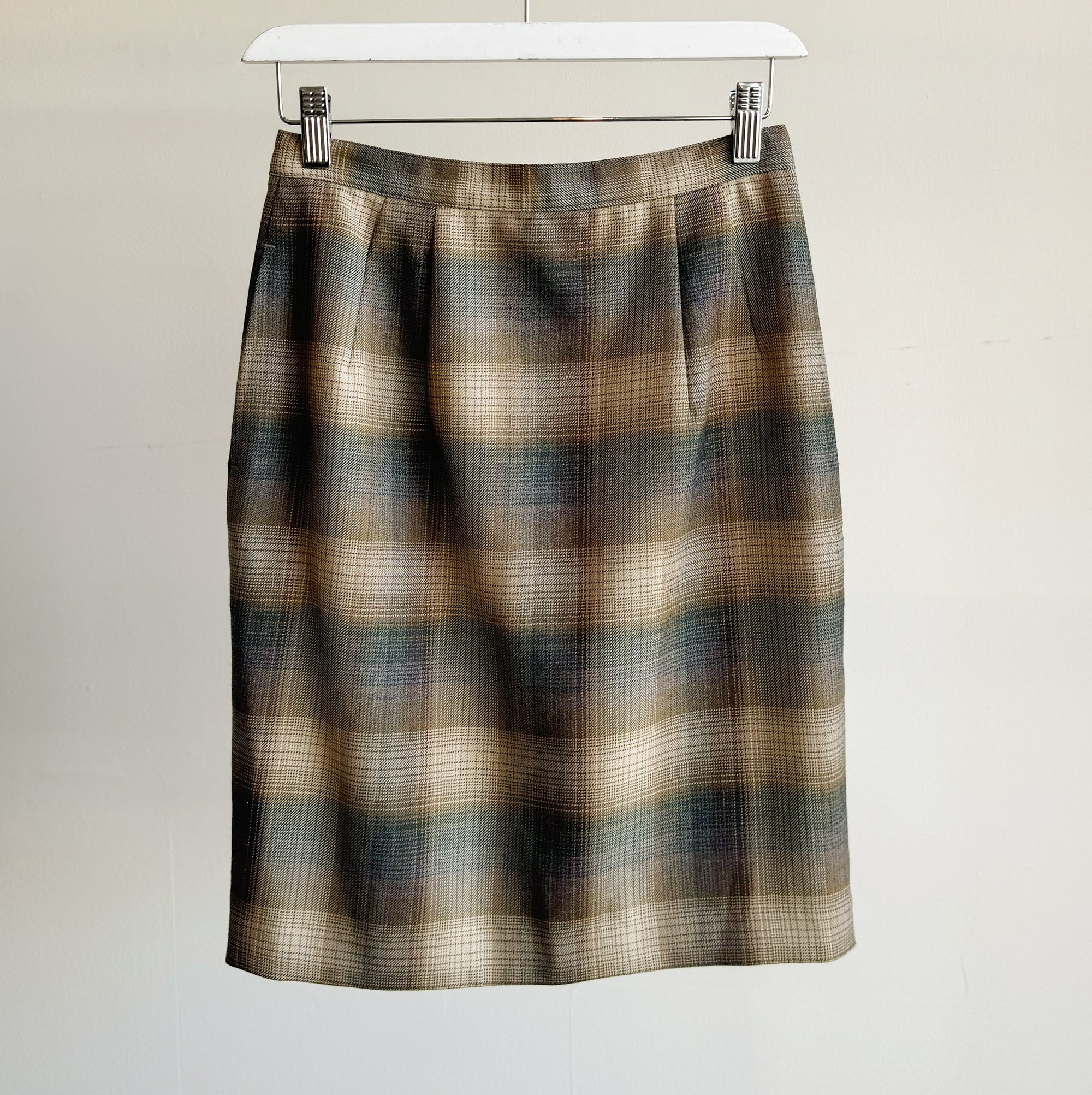 Tan + Emerald Wool Plaid Skirt