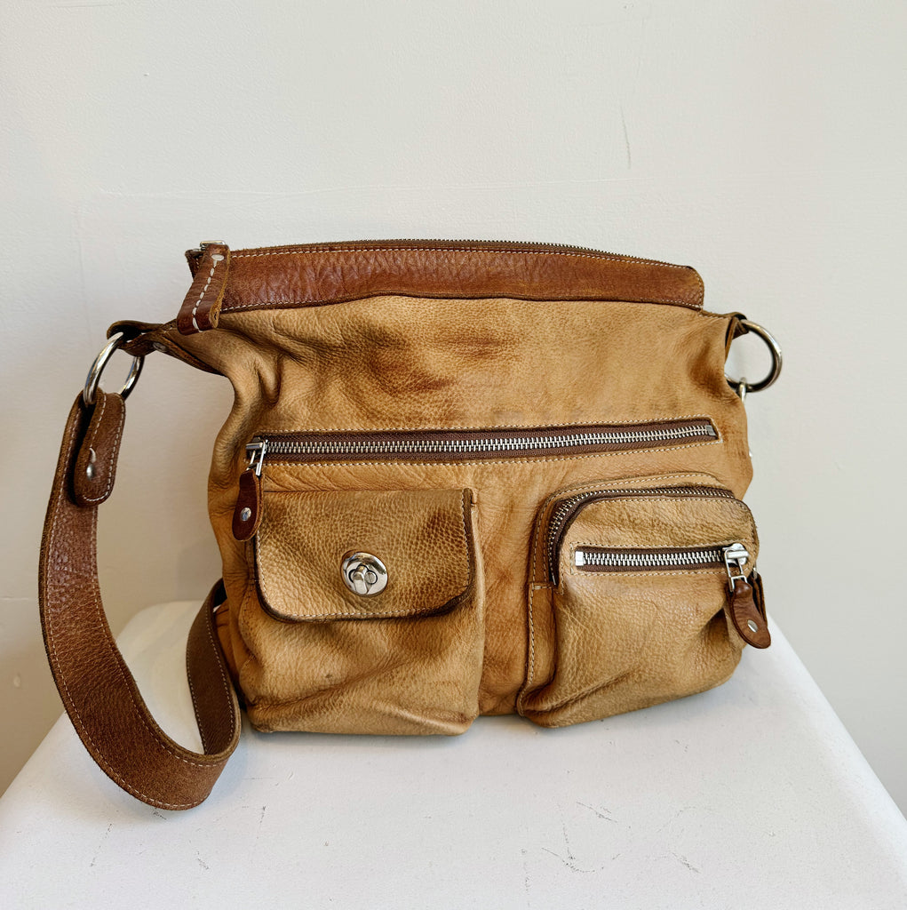 Tan Two-tone Distressed Leather Utility Bag