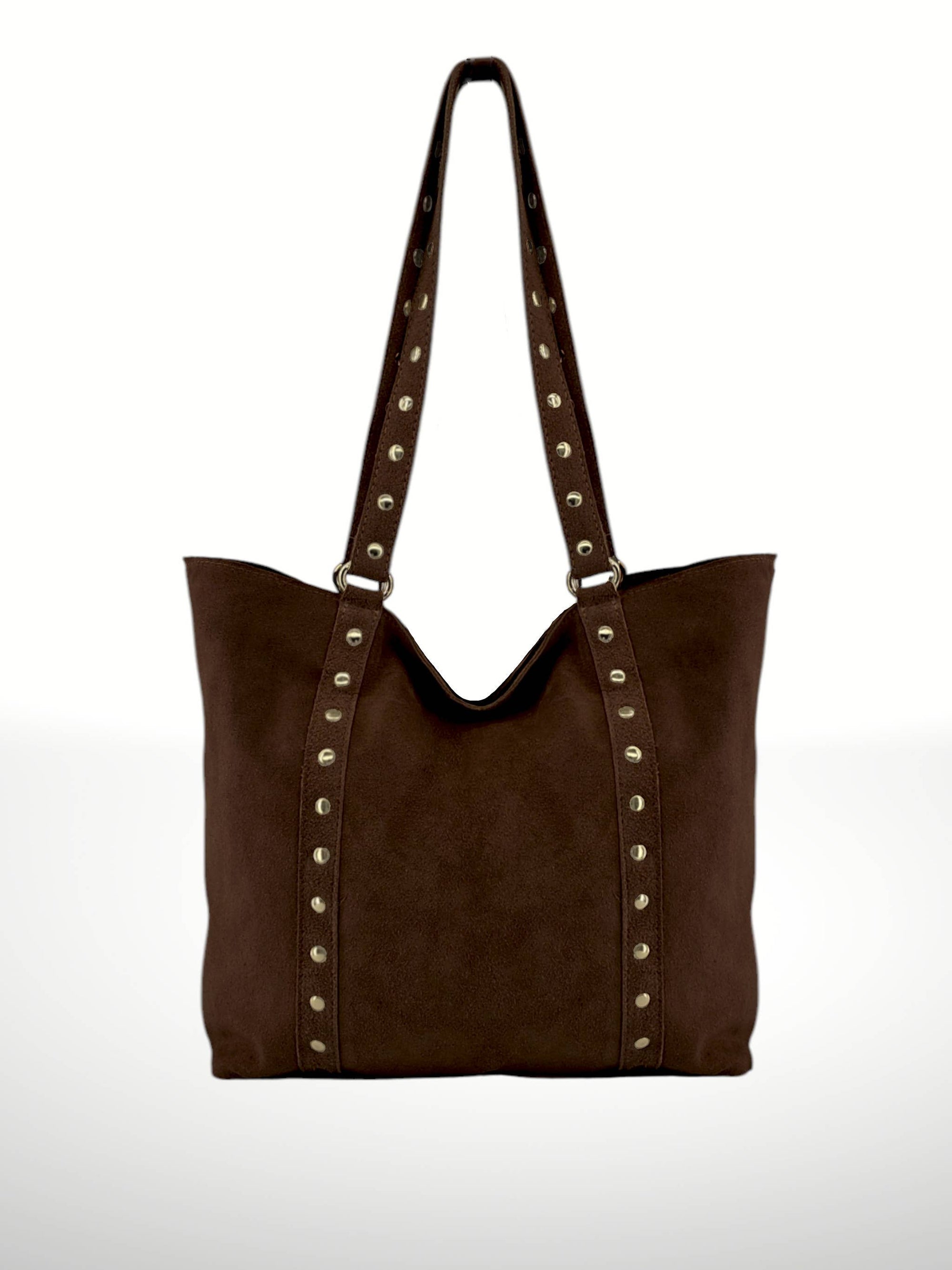 Italian Studded Suede Leather Tote Bag in Chocolate