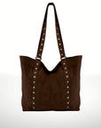 Italian Studded Suede Leather Tote Bag in Chocolate