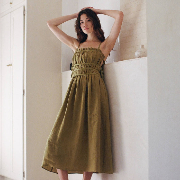 a.ren | Gabriella Linen Dress in Olive