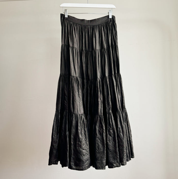 Black Metallic Silk Tiered Skirt