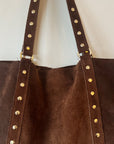 Italian Studded Suede Leather Tote Bag in Chocolate