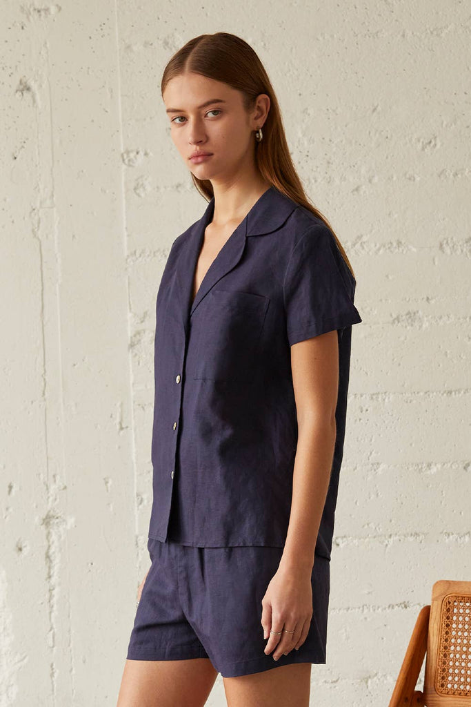 Crescent | Linen + Cotton Short Sleeve Set in Dark Blue