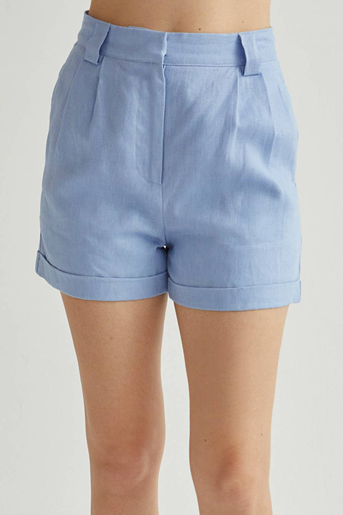 Crescent | Cuffed Linen Shorts in Cornflower