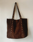 Italian Studded Suede Leather Tote Bag in Chocolate