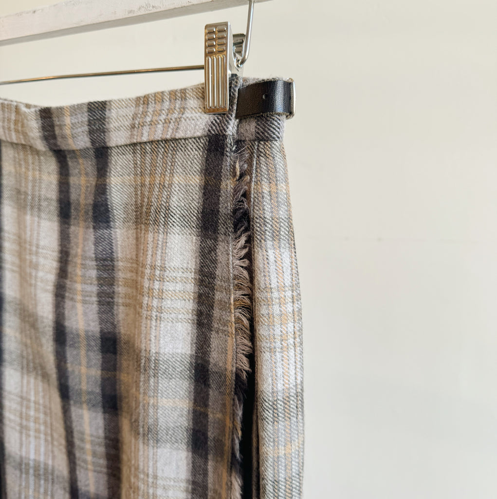 Grey + Tan Plaid Pleated Midi Skirt