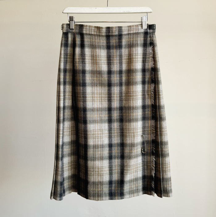 Grey + Tan Plaid Pleated Midi Skirt