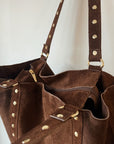 Italian Studded Suede Leather Tote Bag in Chocolate