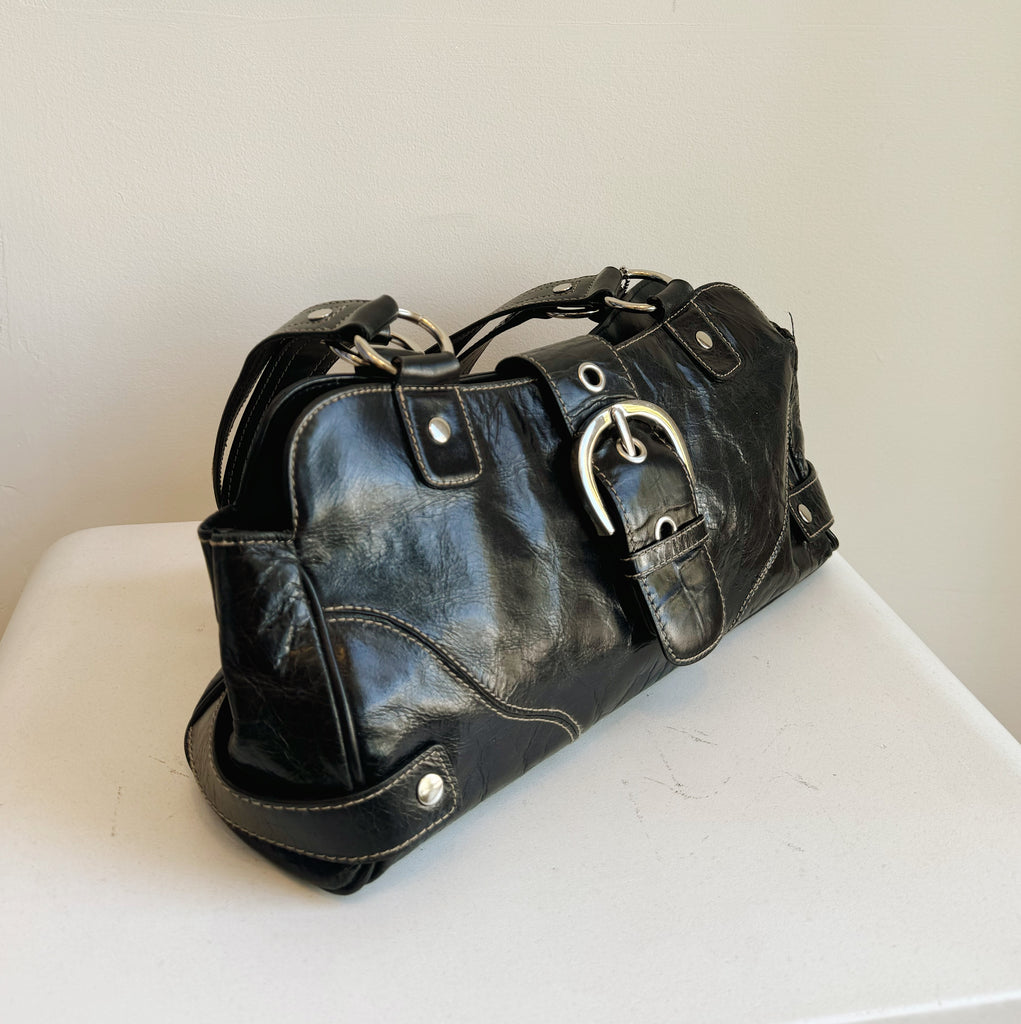 Glossy Black Belted Shoulder Bag