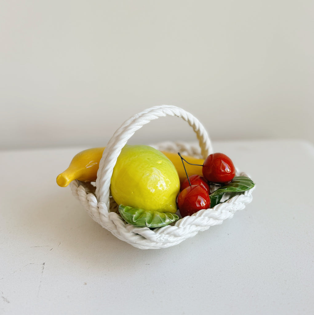 Ivory Ceramic Woven Fruit Basket With Handle