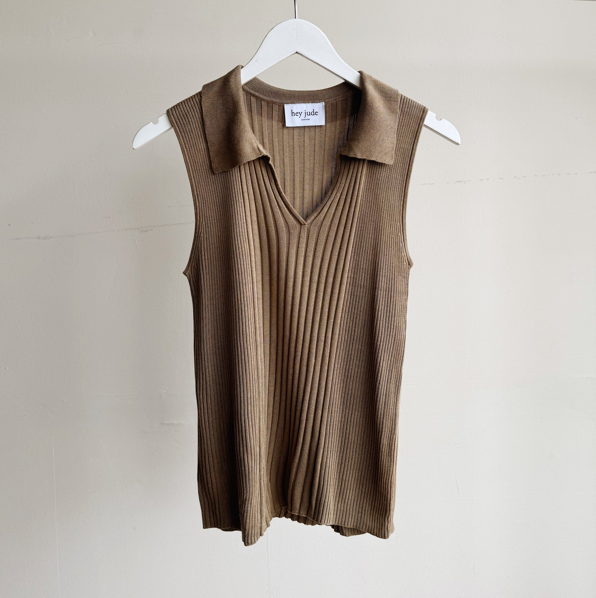 Taupe Ribbed Sleeveless Silk Knit Top