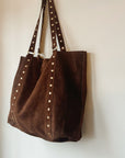 Italian Studded Suede Leather Tote Bag in Chocolate