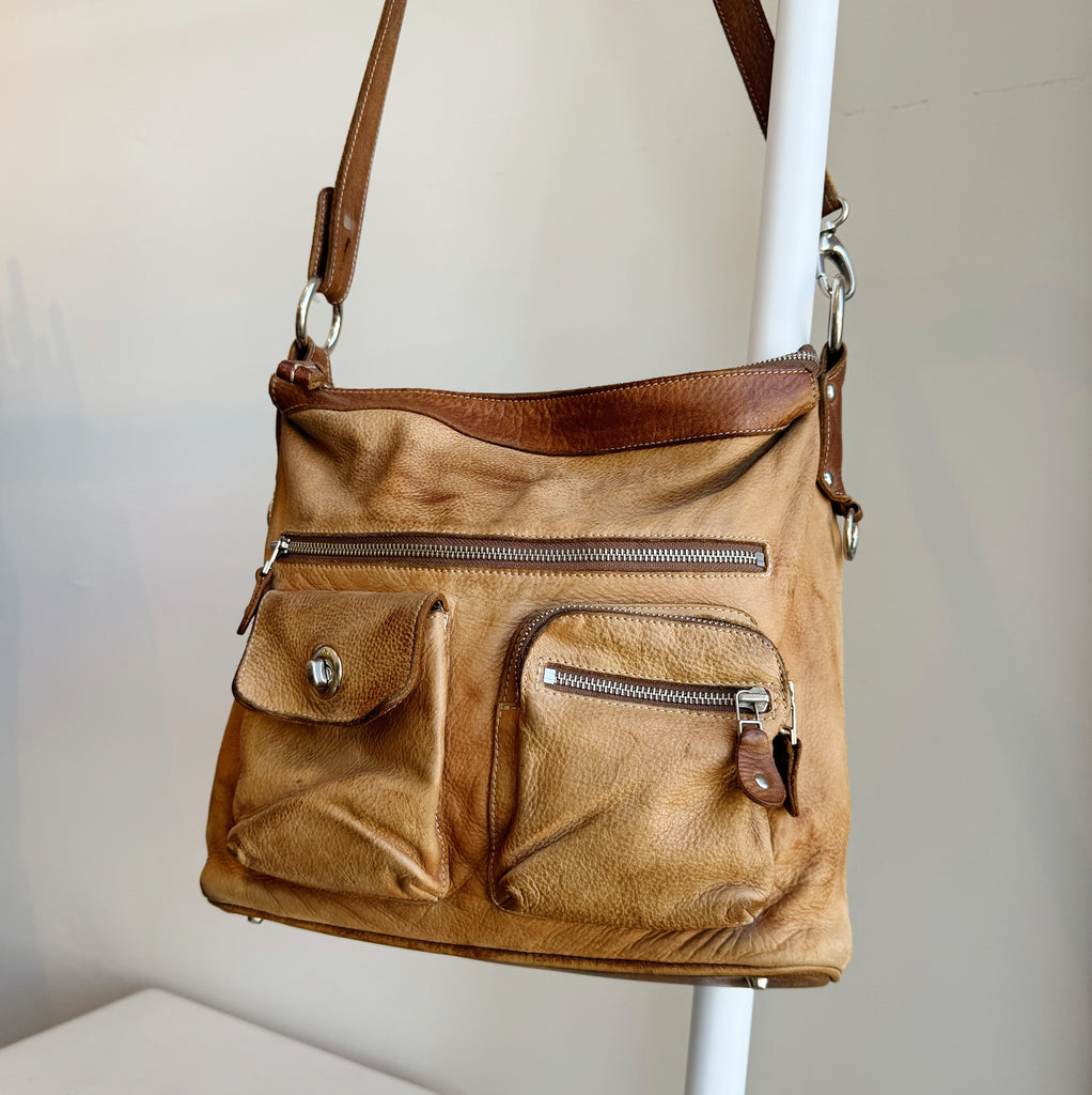 Tan Two-tone Distressed Leather Utility Bag