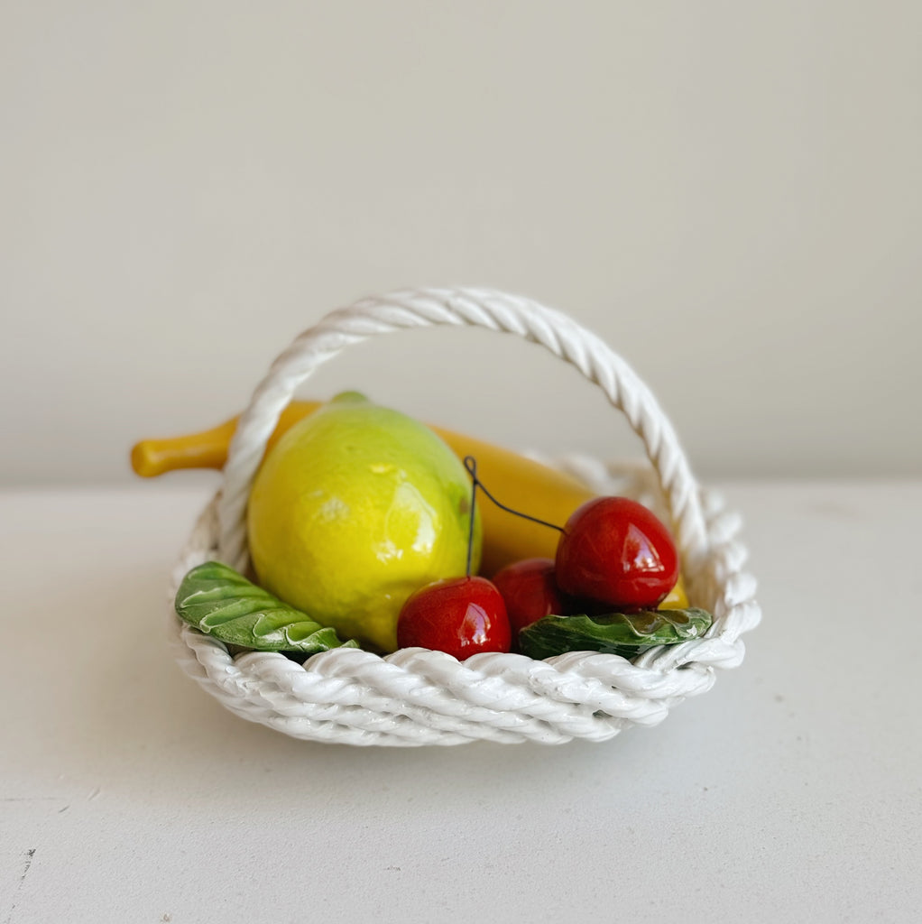 Ivory Ceramic Woven Fruit Basket With Handle