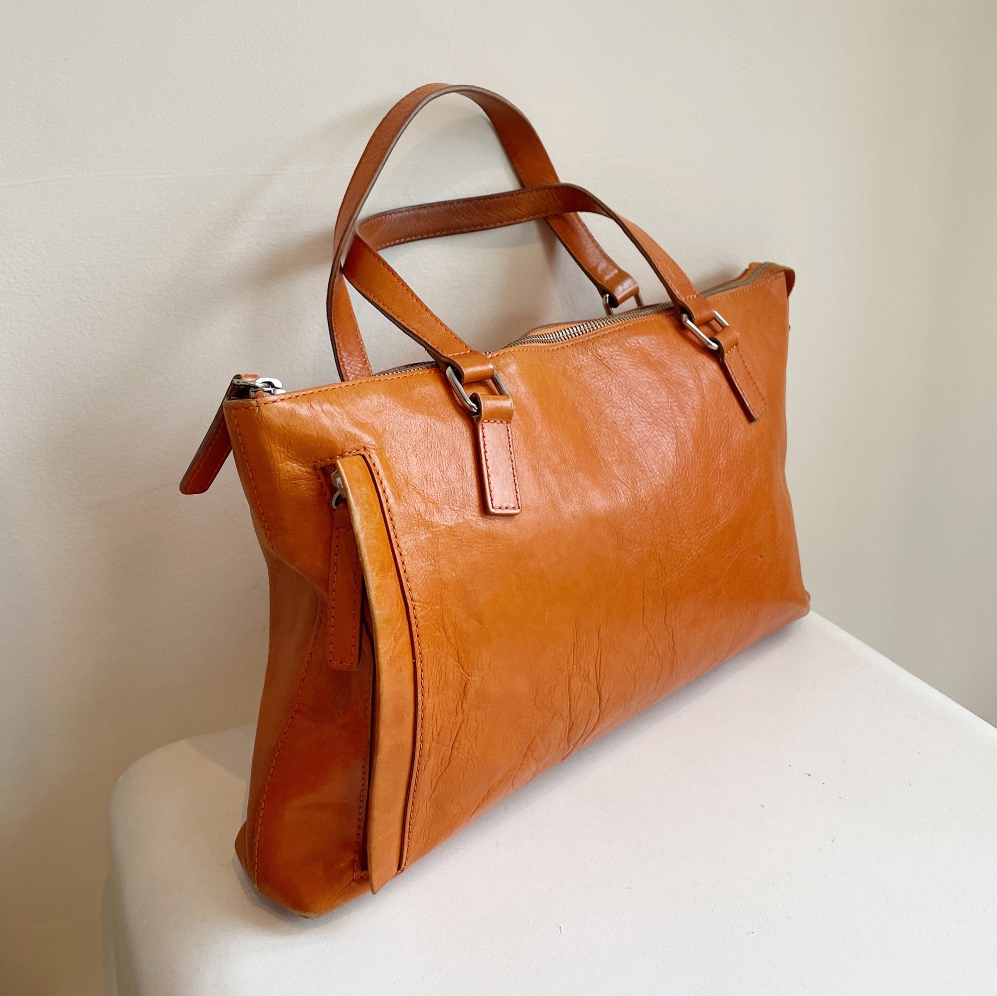 Tangerine Leather Baguette Bag