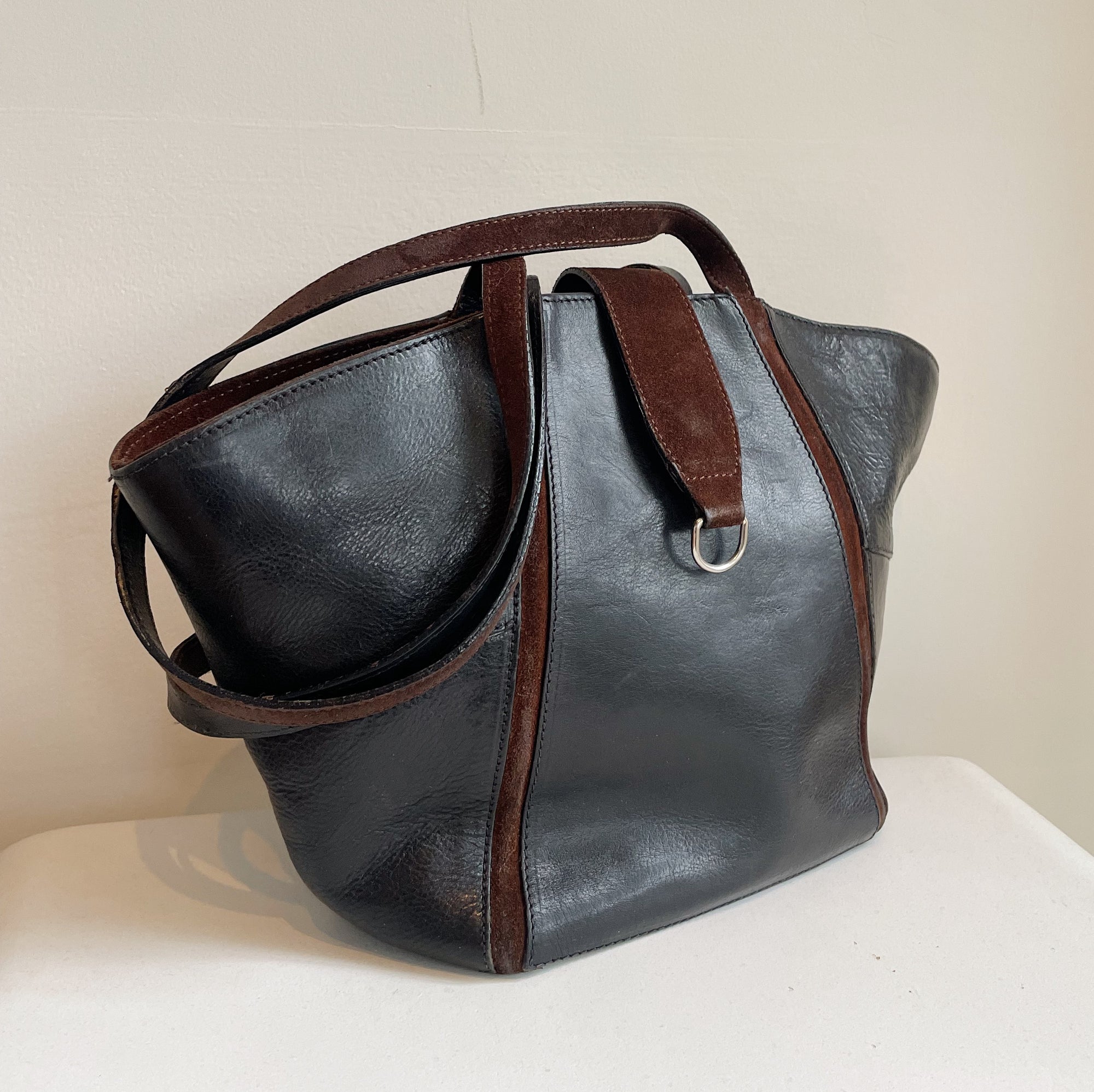 Black + Tan Leather Fan Bag