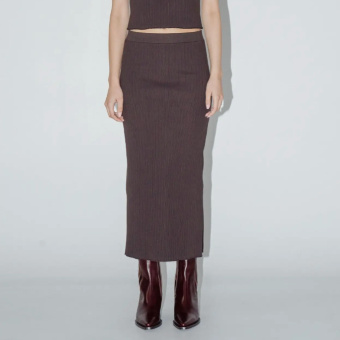 Wildflo Studio | Rib Knit Midi Skirt in Hickory