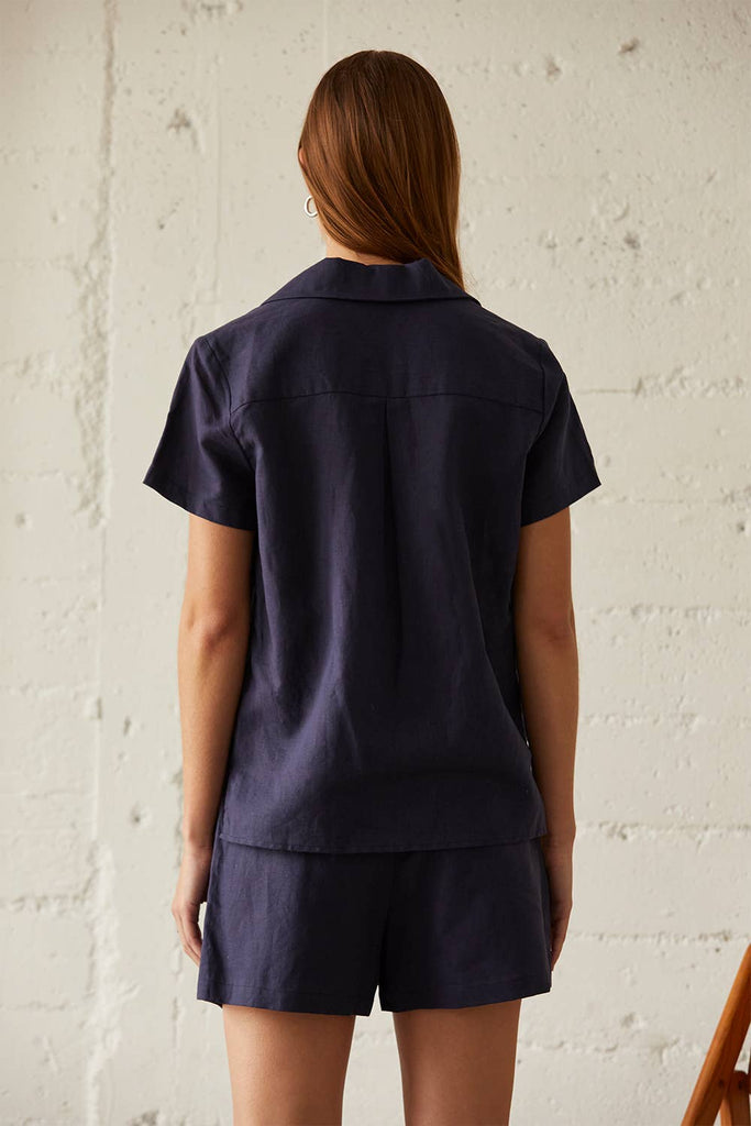 Crescent | Linen + Cotton Short Sleeve Set in Dark Blue