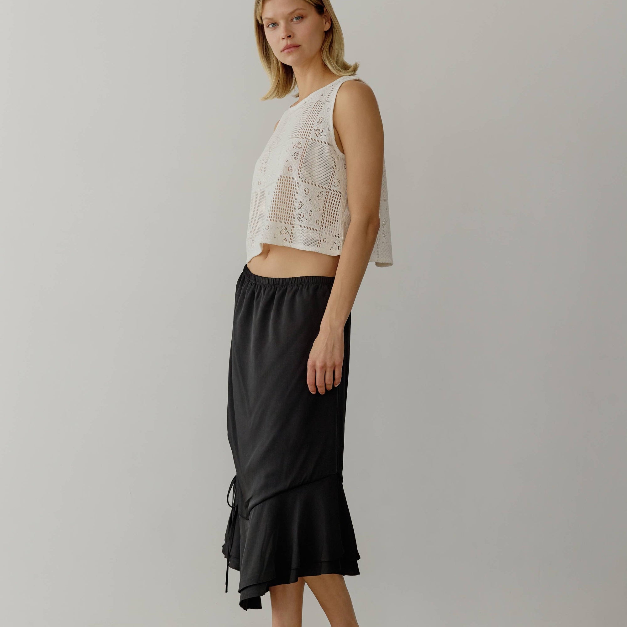 All Row | River Asymmetrical Midi Skirt in Black